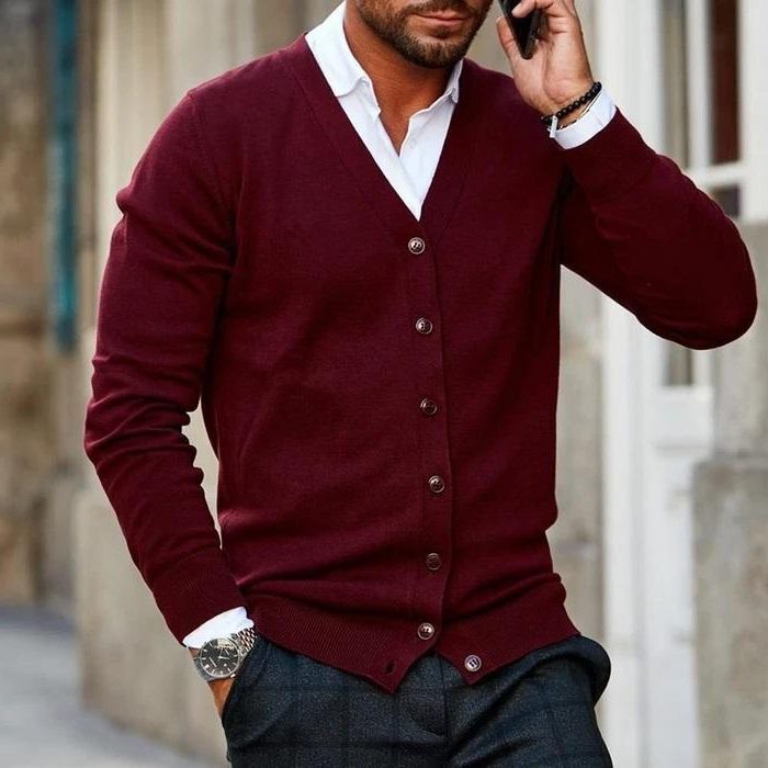 Knitted Cardigan with V-Neck for Men