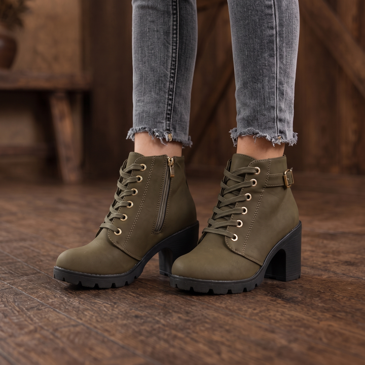 Buckle & Bold Buckle Lace-Up Chunky Heel Ankle Boots - Elena Harper
