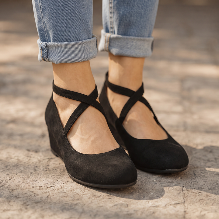 Elara Wedge Crisscross Elastic Strap Wedge Flats - Elena Harper