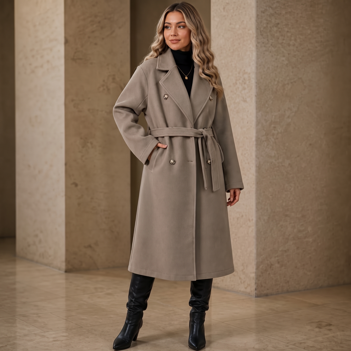 Belted Belle Double-Breasted Belted Long Coat - Elena Harper