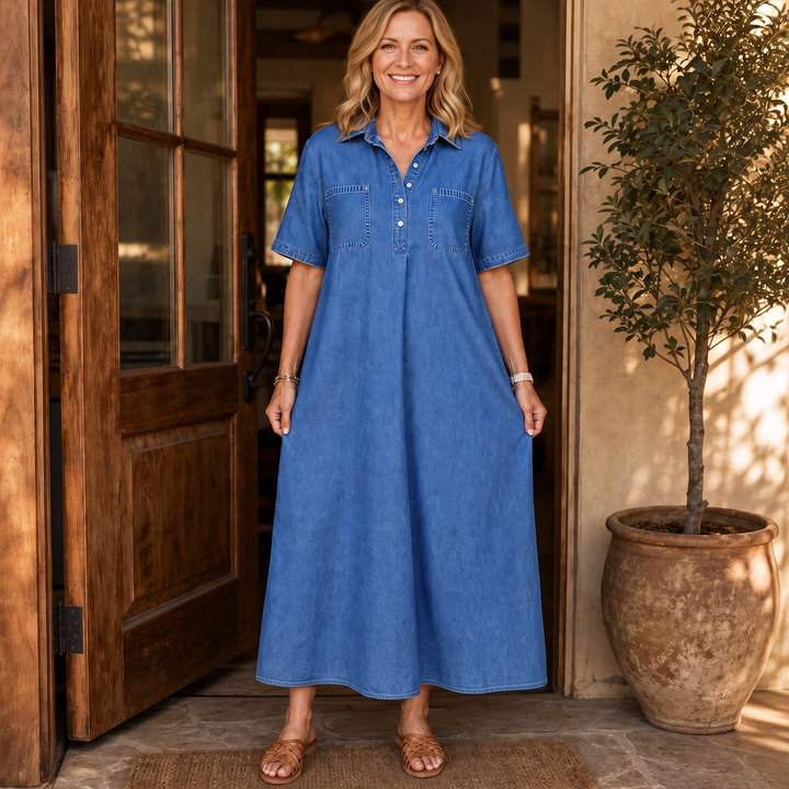 Easewell Lightweight Denim-Look Midi Shirt Dress - Elena Harper