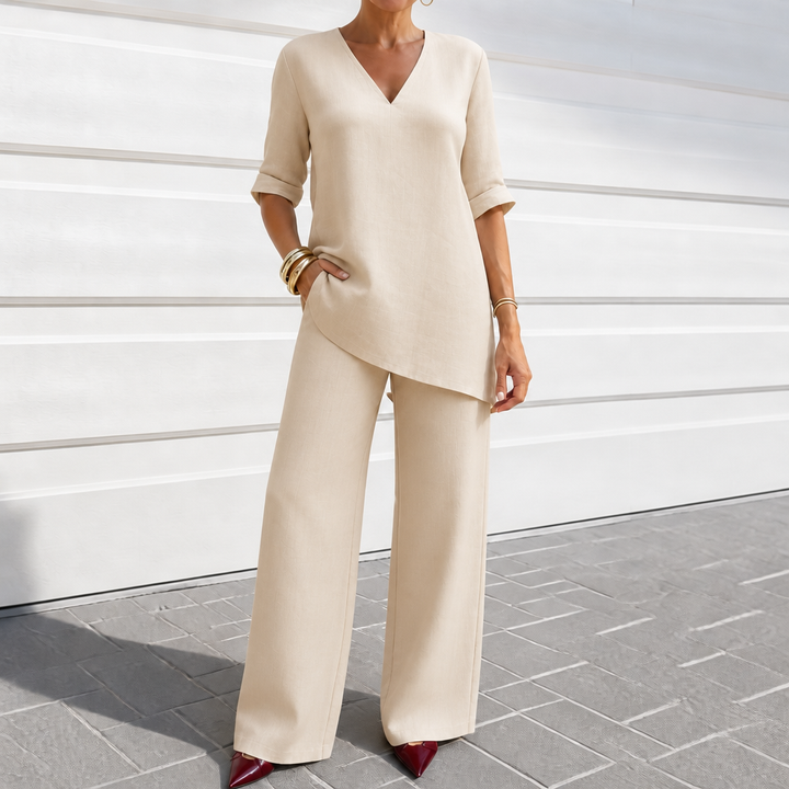 Draperly V-Neck Linen-Look Two-Piece Set - Elena Harper