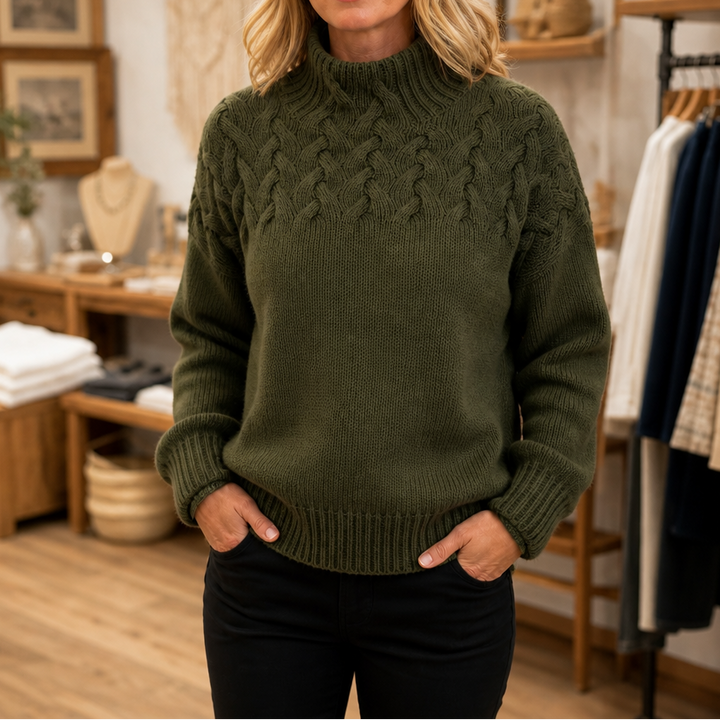 Cozette Braided Cable-Knit Turtleneck Sweater - Elena Harper