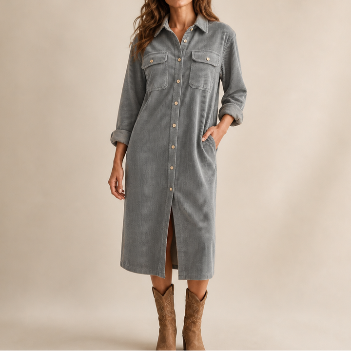 Corvella Ribbed Corduroy Button-Front Shirt Dress - Elena Harper
