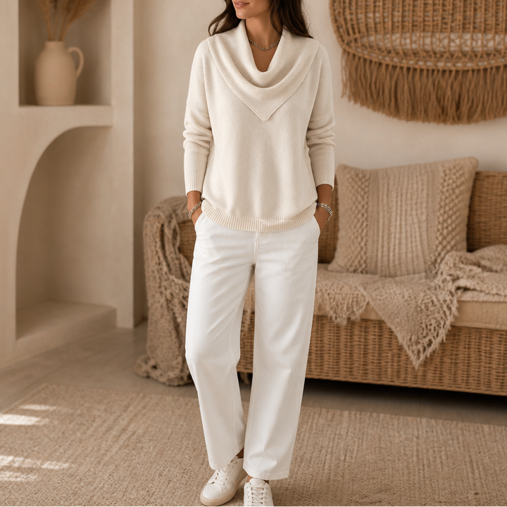 Collarvie Draped Open-Collar Cowl Neck Sweater - Elena Harper