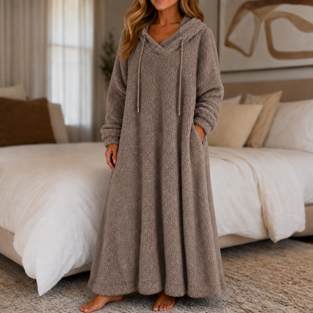 Coziya Hooded Plush Fleece Maxi Robe Dress - Elena Harper
