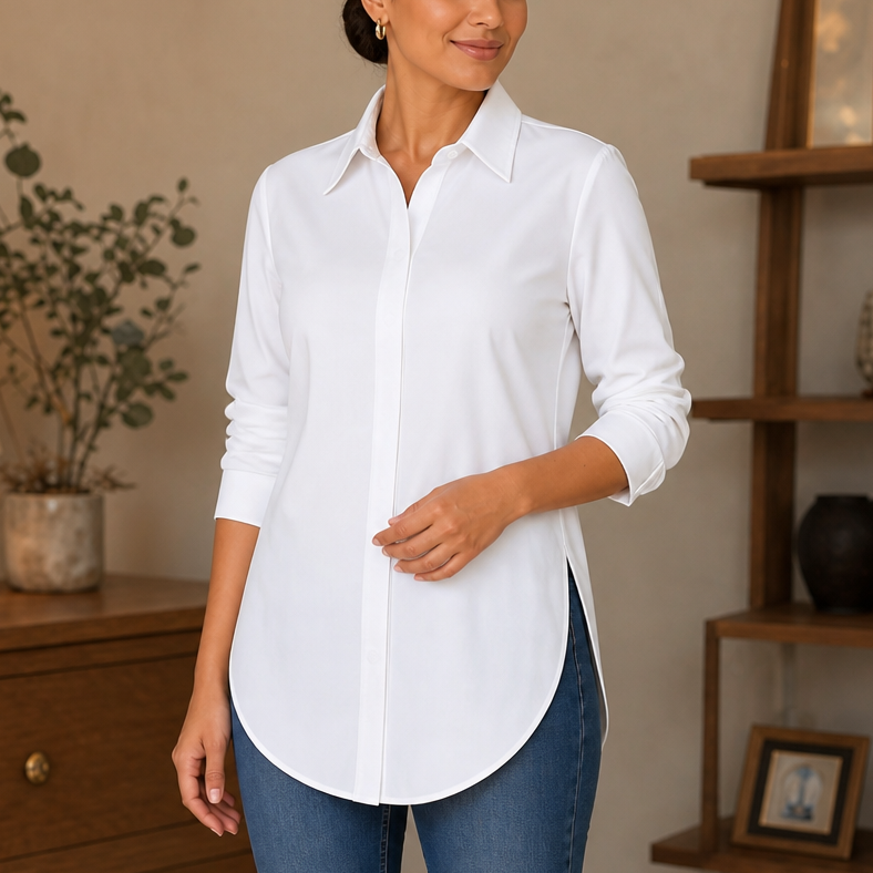 Elara Curve Curved-Hem Stretch Button-Front Shirt - Elena Harper