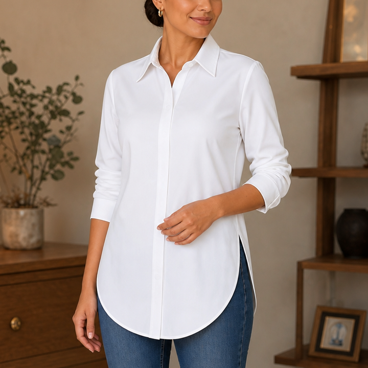 Elara Curve Curved-Hem Stretch Button-Front Shirt - Elena Harper