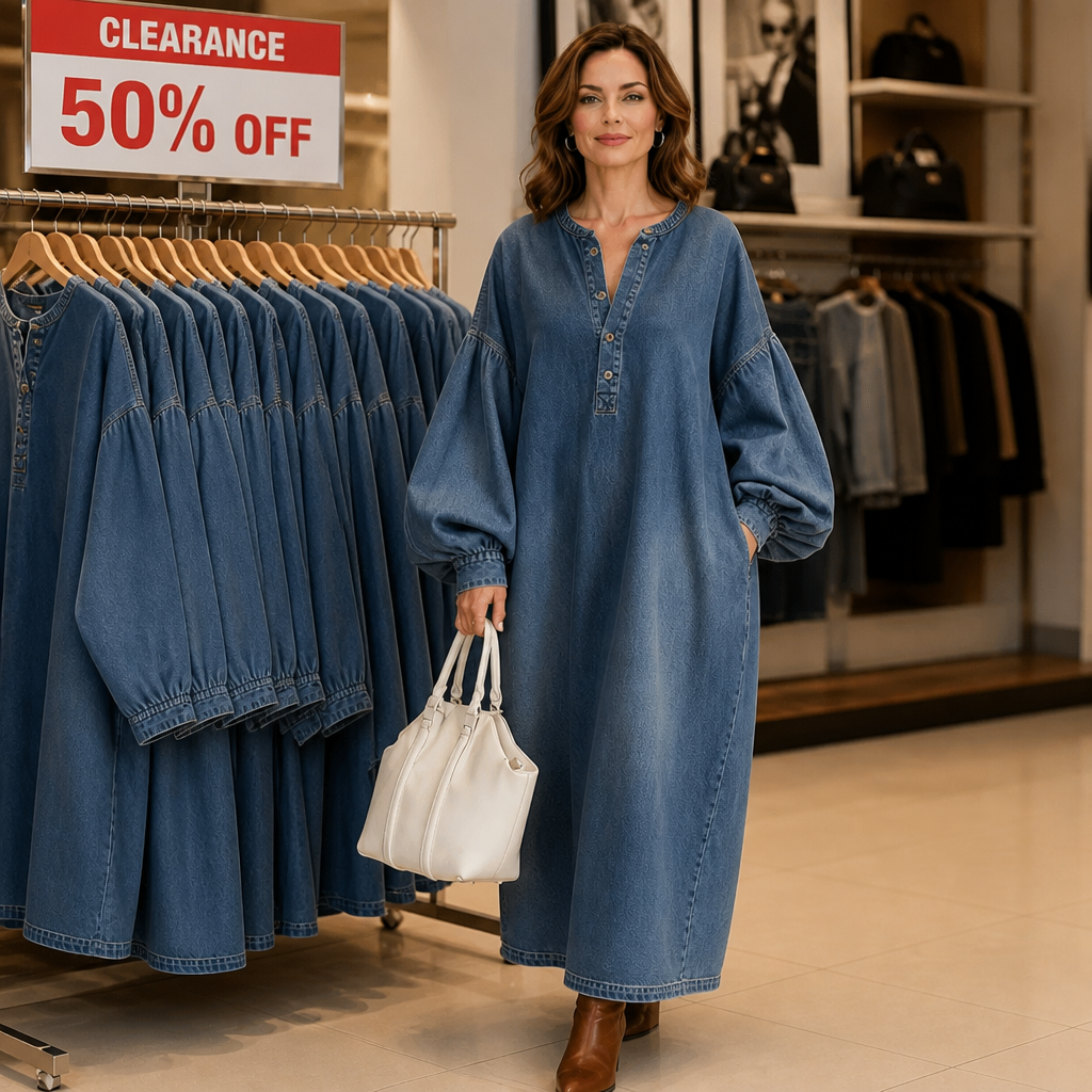 Denara Lantern Sleeve Half-Button Denim Maxi Dress - Elena Harper