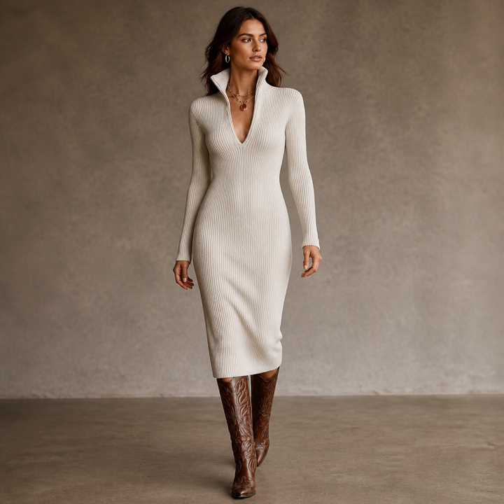 Bellora Turtleneck V-Neck Knit Midi Dress - Elena Harper