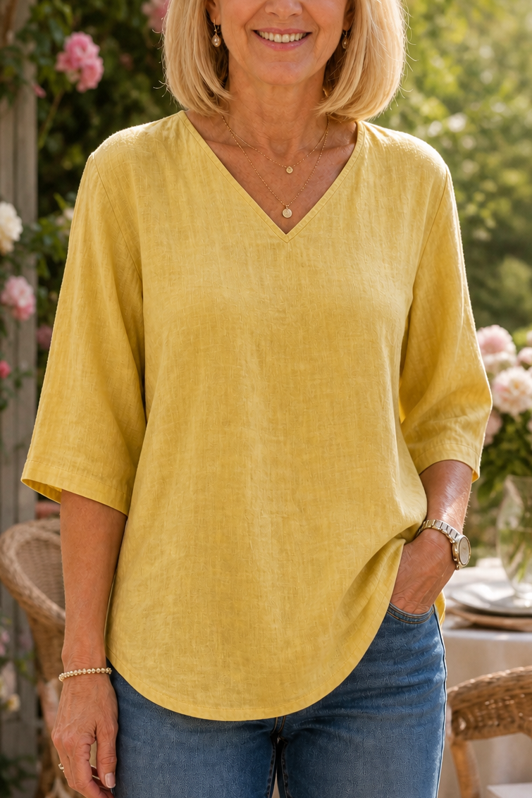 Easa V-Neck Relaxed-Fit Three-Quarter Sleeve Blouse - Elena Harper