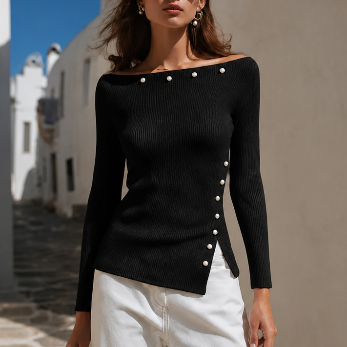 Cassidra Pearl-Trim Off-Shoulder Ribbed Knit Top - Elena Harper