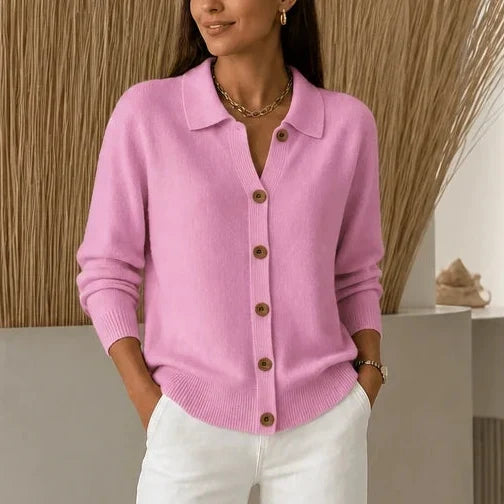 Collara – Turn-Down Collar Contrast-Button Knit Cardigan