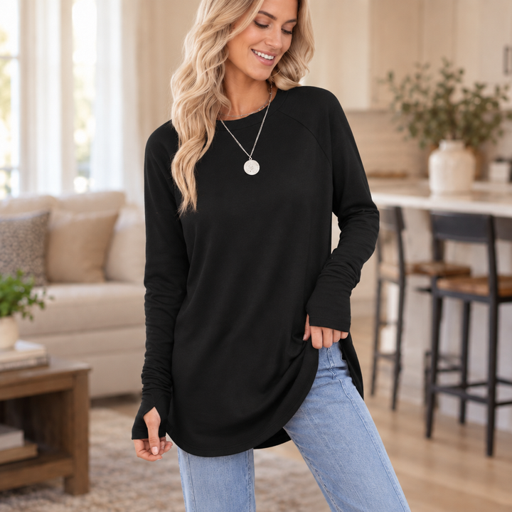 Cozelle Thumbhole Cuff Side-Split Knit Top - Elena Harper