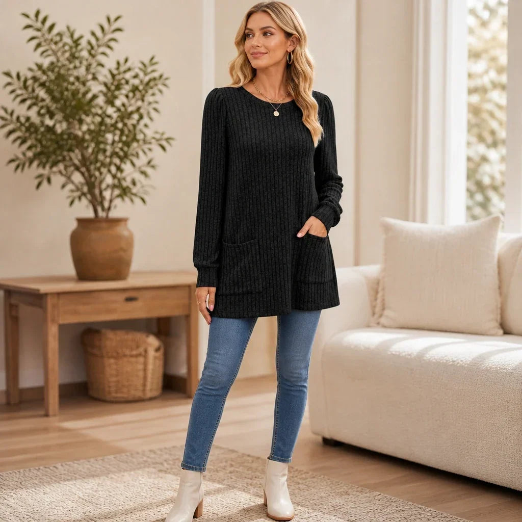 Cozy Rib Ribbed Knit Tunic With Pockets - Elena Harper