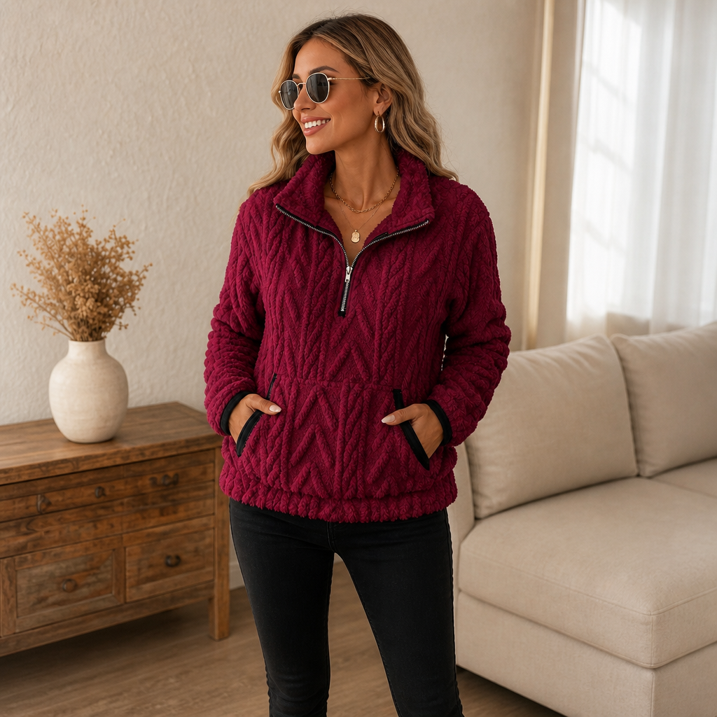 Cloudessa Half-Zip Fuzzy Pullover With Kangaroo Pocket - Elena Harper