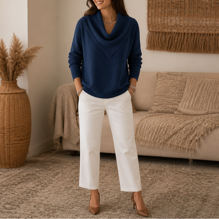 Collarvie Draped Open-Collar Cowl Neck Sweater - Elena Harper