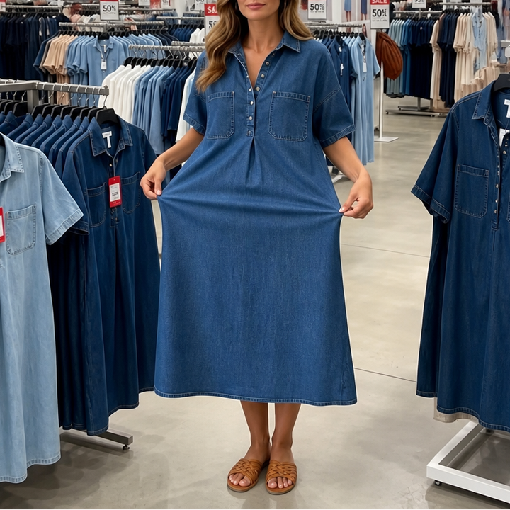 Denimly Pocketed Shirt Collar Denim Midi Dress - Elena Harper