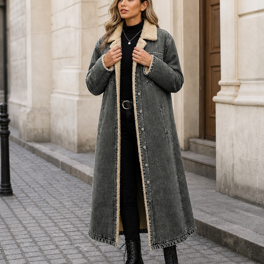 Denora Sherpa-Lined Full-Length Denim Coat - Elena Harper