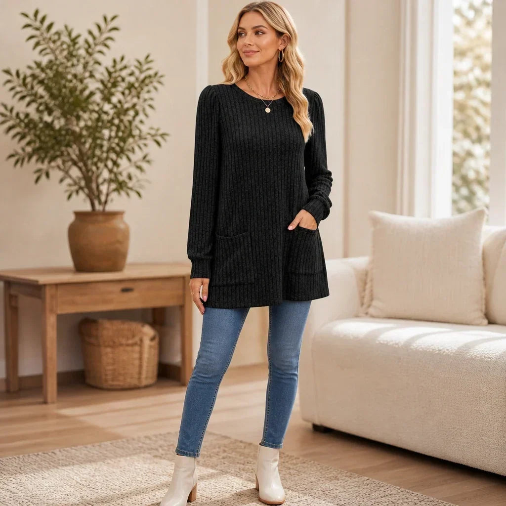 Cozy Rib Ribbed Knit Tunic With Pockets - Elena Harper