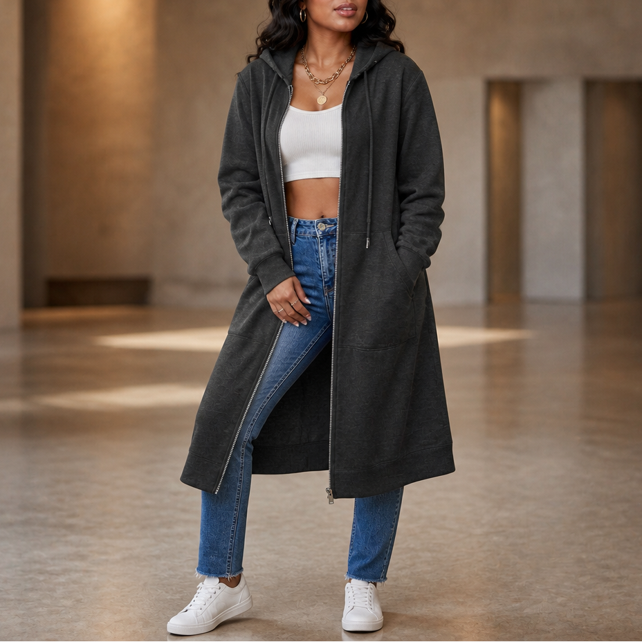 Cozyline Fleece-Lined Tunic-Length Zip-Up Hoodie - Elena Harper