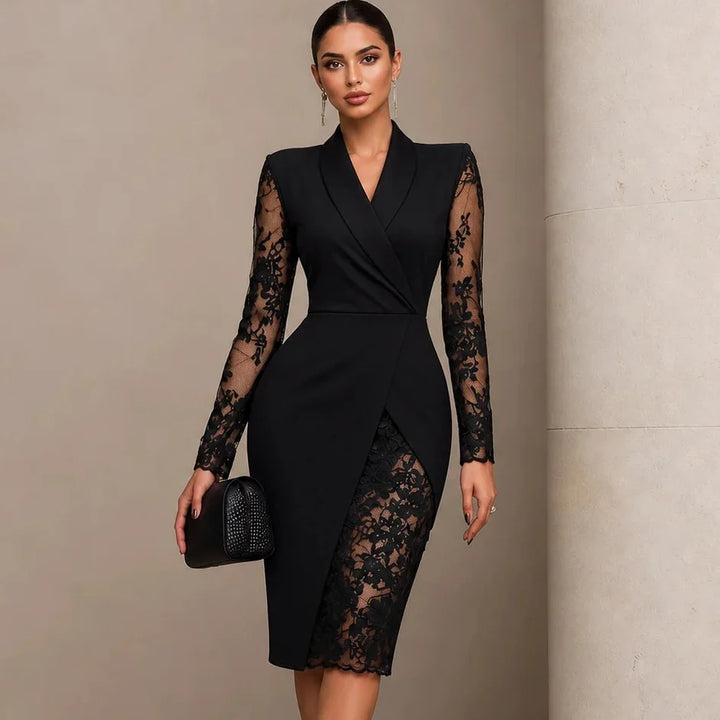 Belleform Lace-Sleeve Blazer-Wrap Asymmetric Hem Dress - Elena Harper