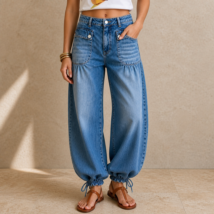 Balloon & Cinch Drawstring Cuff Wide-Leg Balloon Jeans - Elena Harper