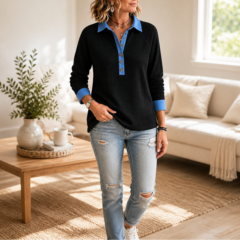 Denimelle Denim-Trim V-Neck Knit Top - Elena Harper
