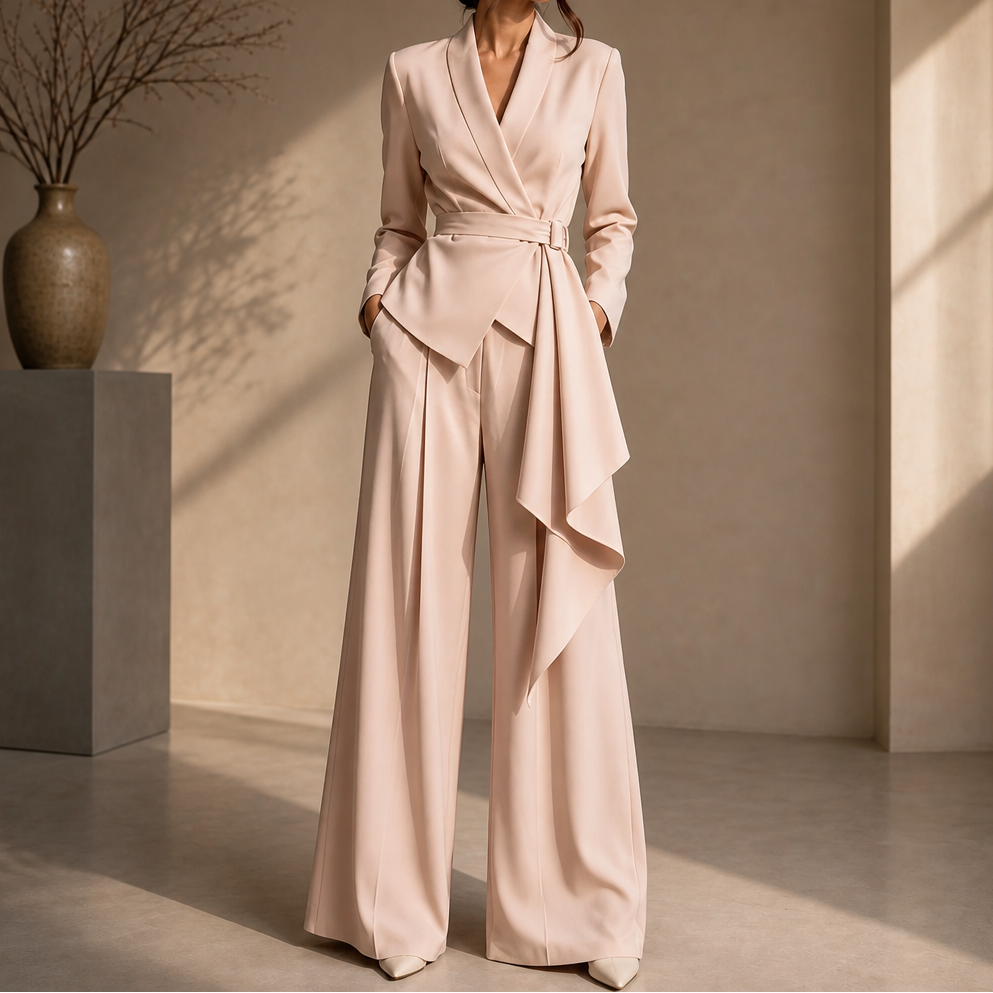 Drapevera Buckle-Belted Wrap Blazer And Wide-Leg Trouser Set - Elena Harper
