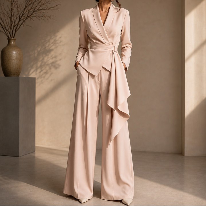 Drapevera Buckle-Belted Wrap Blazer And Wide-Leg Trouser Set - Elena Harper