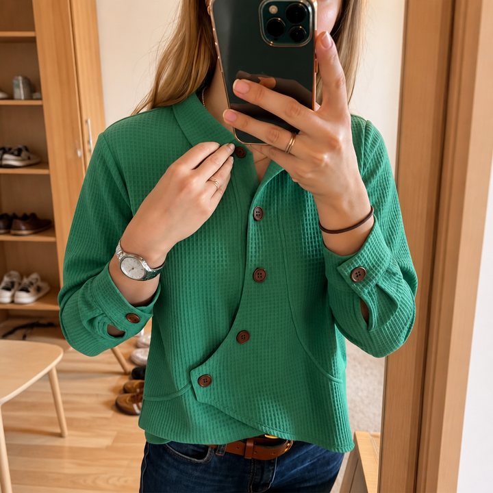Draperau Waffle-Knit Asymmetric Placket Top - Elena Harper