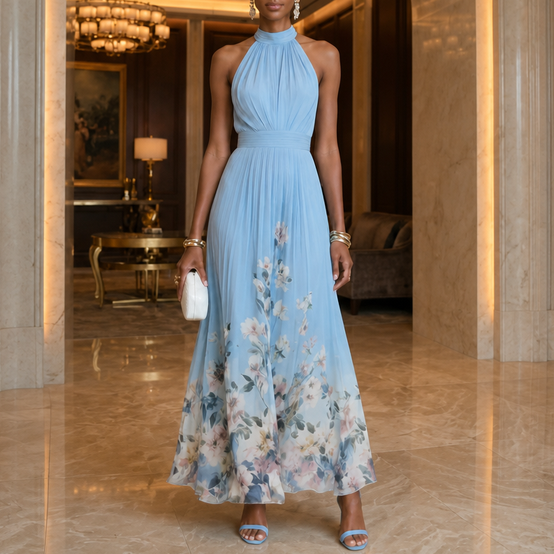 Corima Halter Bow-Back Pleated Maxi Dress - Elena Harper