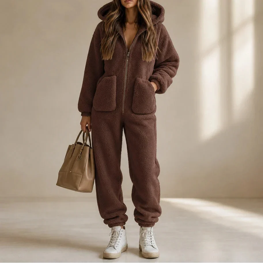 Cozyline Hooded Zip-Front Straight-Leg Jumpsuit - Elena Harper