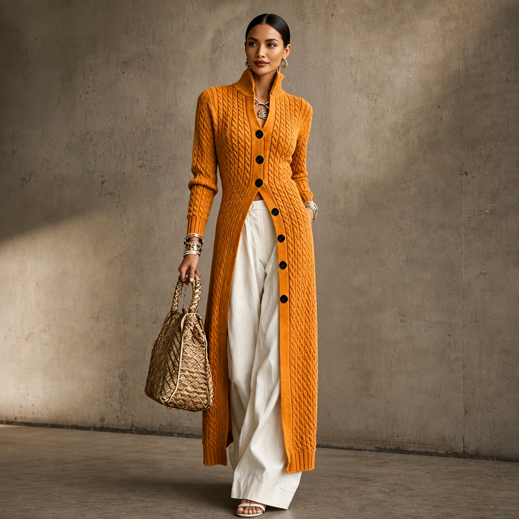 Cablemere High Collar Cable-Knit Duster Cardigan - Elena Harper