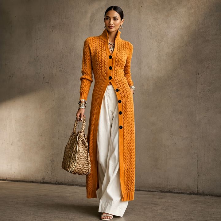Cablemere High Collar Cable-Knit Duster Cardigan - Elena Harper