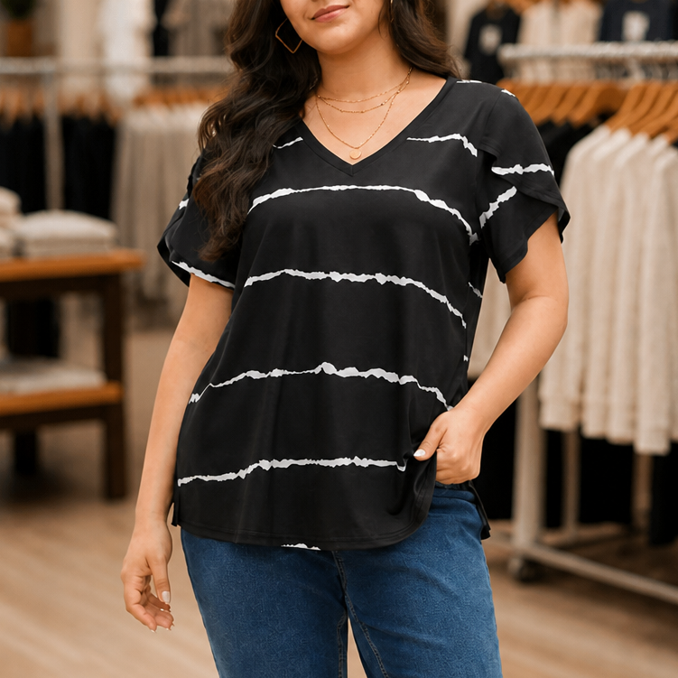 Curvella Striped V-Neck Stretch Knit Tee - Elena Harper