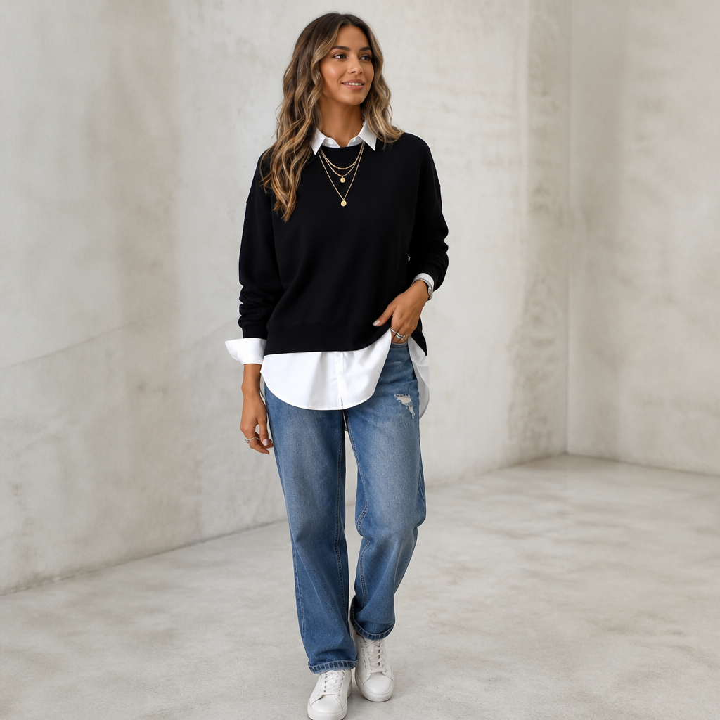 Averlyn Layered Mock Shirt Collar Crewneck Sweatshirt - Elena Harper