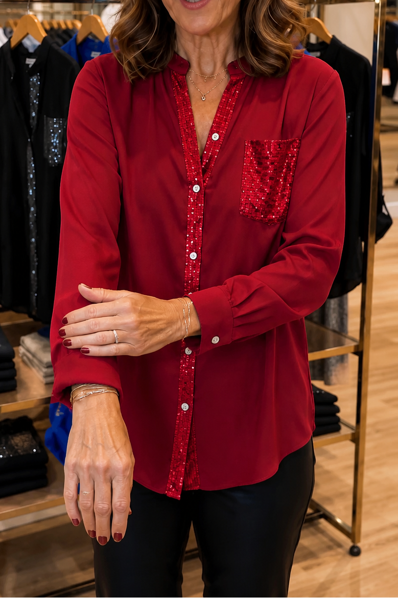 Duskglint Sequin Pocket Panel Button-Down Top - Elena Harper
