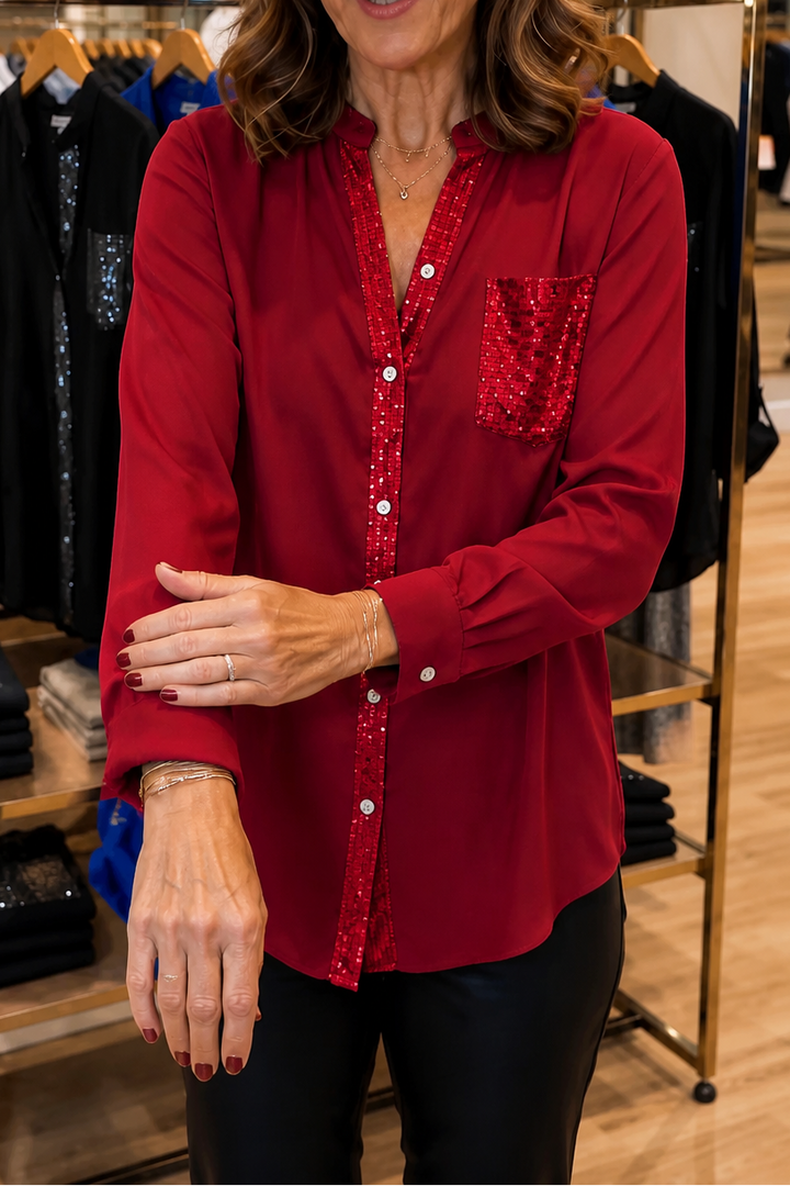 Duskglint Sequin Pocket Panel Button-Down Top - Elena Harper