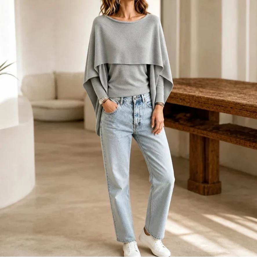 Druni Chic Layered Cape-Shoulder Knit Top - Elena Harper