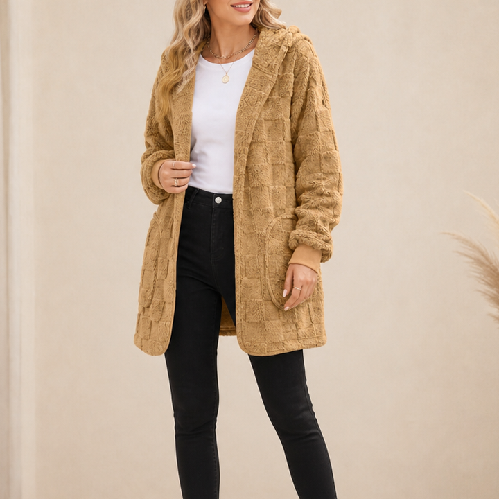 Checkora Fluffy Checked Open-Front Cardigan - Elena Harper