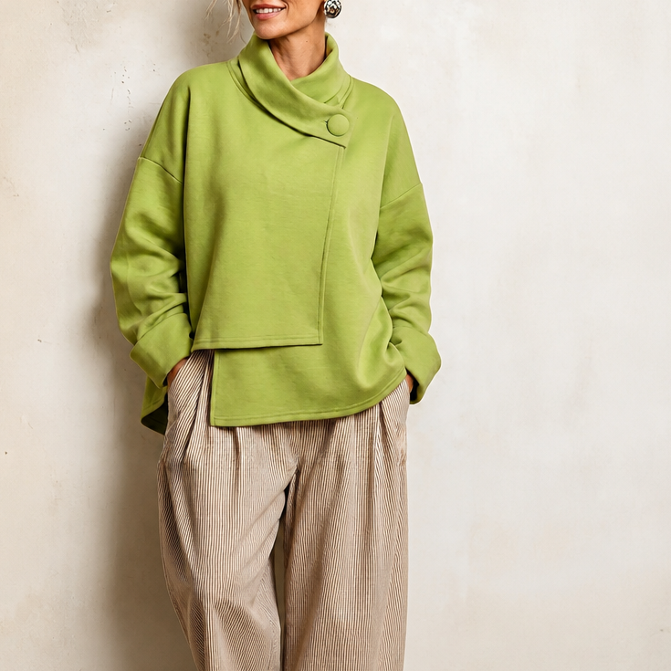 Draperly Asymmetric Cowl Neck Button Sweatshirt - Elena Harper