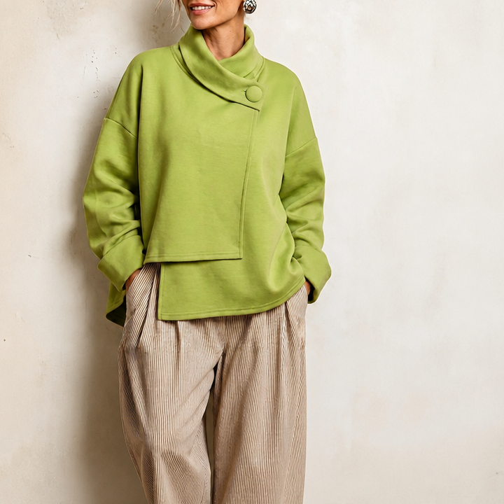 Draperly Asymmetric Cowl Neck Button Sweatshirt - Elena Harper