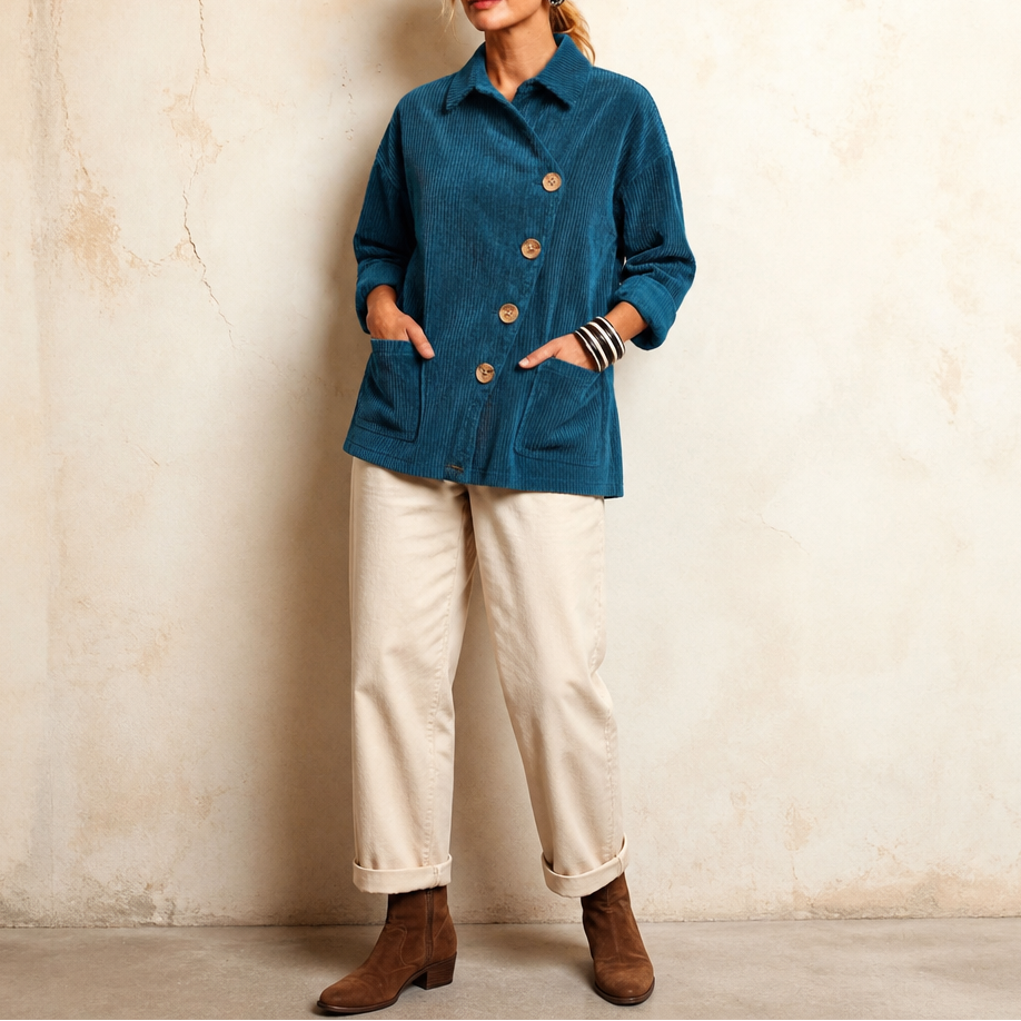 Corfield Diagonal Button Ribbed Corduroy Shacket - Elena Harper