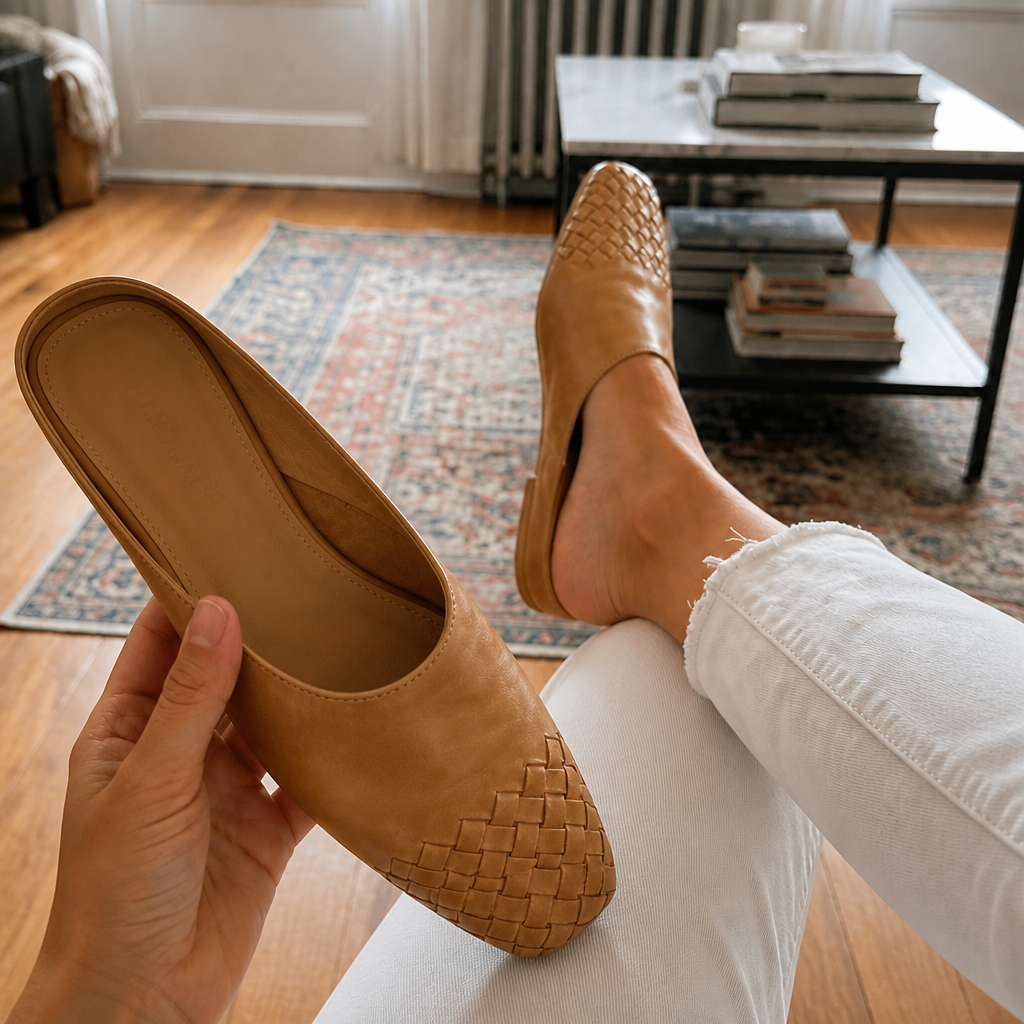 Archella Woven Leather Arc-Vamp Slip-On Mules - Elena Harper