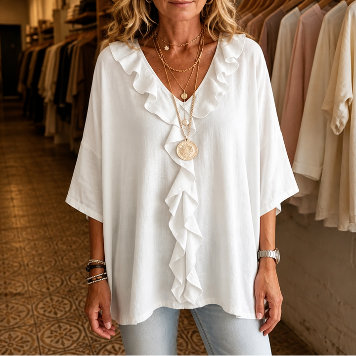 Lena Elegant and Flowing Ruffle Blouse with V-Neck - Elena Harper