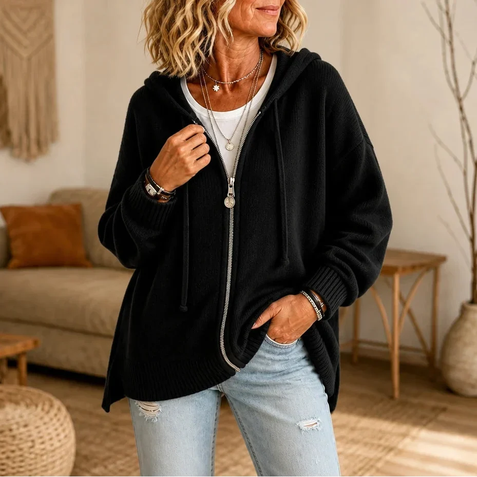 Cozyline Zip-Front Hooded Knit Cardigan - Elena Harper