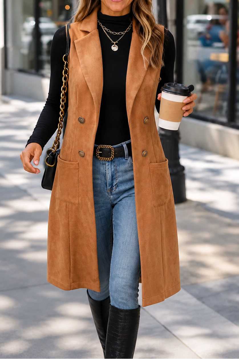 Ladies Long Vest Sleeveless Open Front - Gilet