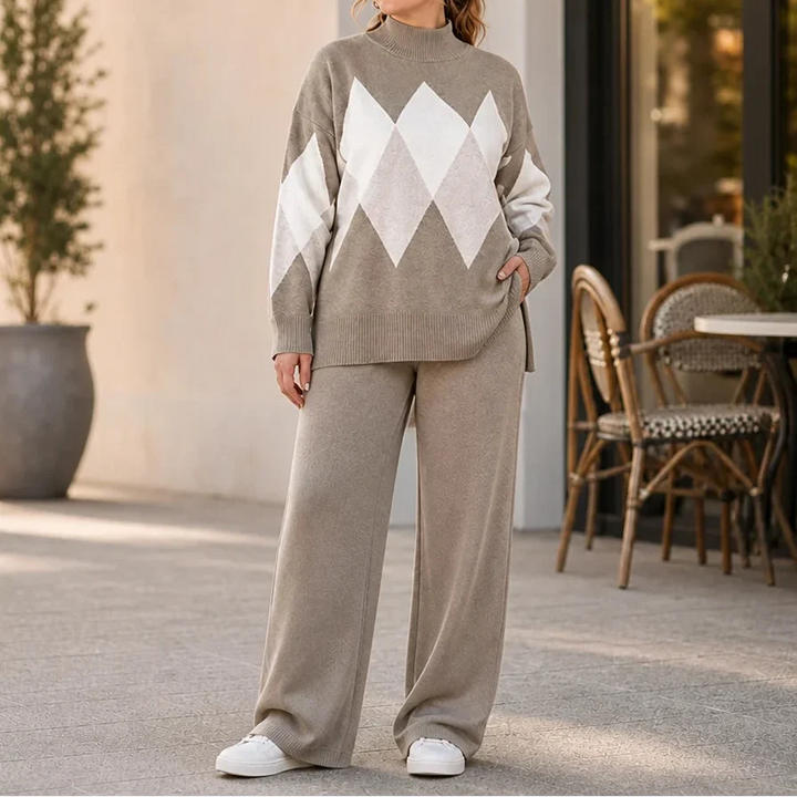 Argyle Ease Argyle Knit Sweater And Wide-Leg Trouser Set - Elena Harper