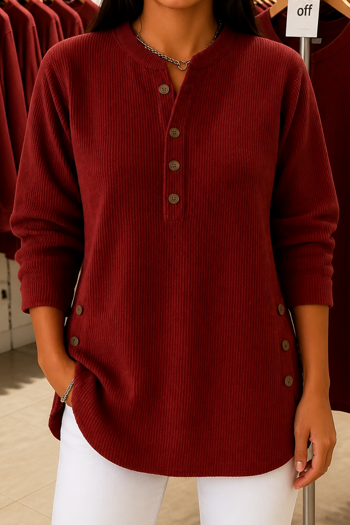 Corduvie Button-Up Corduroy-Look Henley Top - Elena Harper